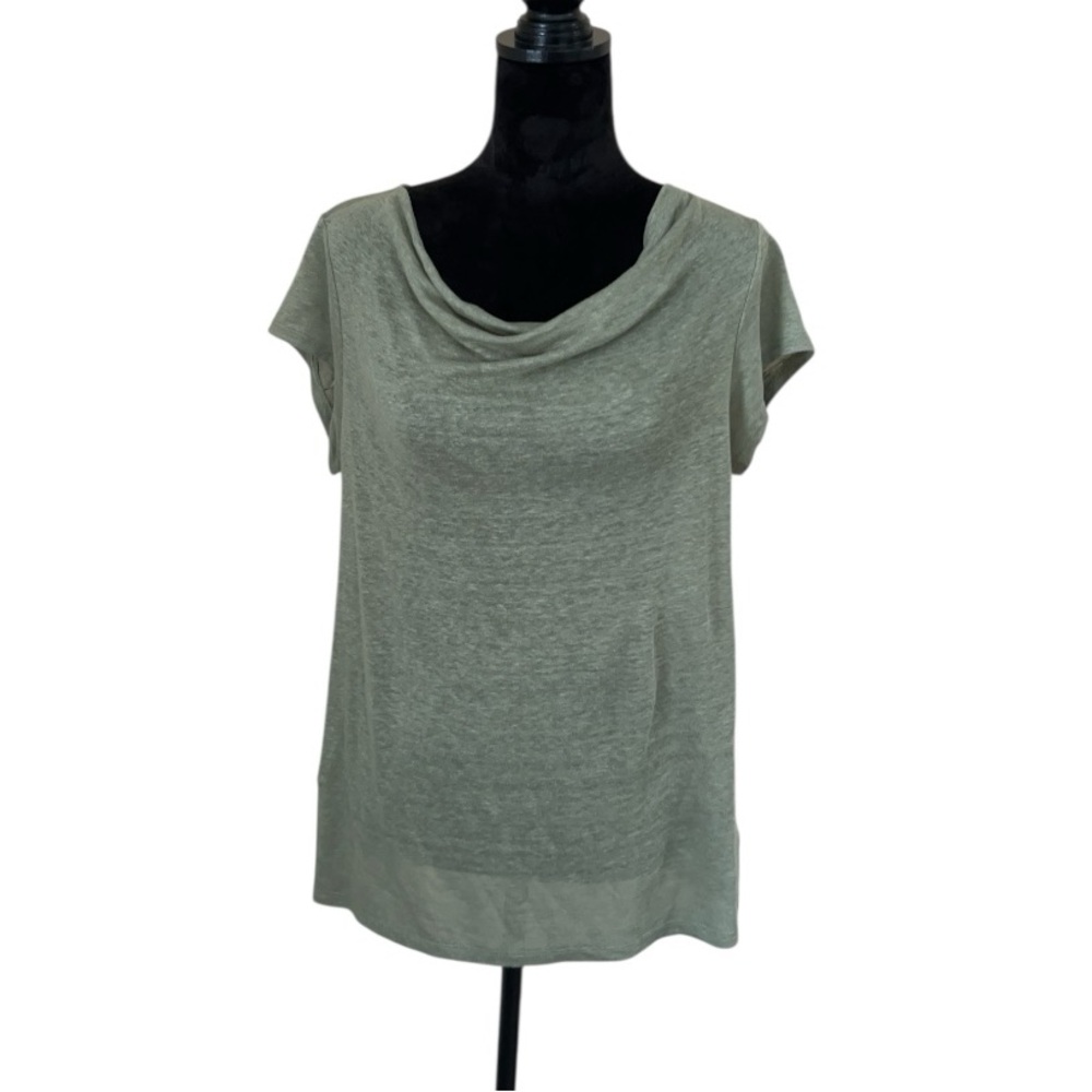 H by Halston 100% Linen Khaki Green Cowl Neck T-Shirt Size Large